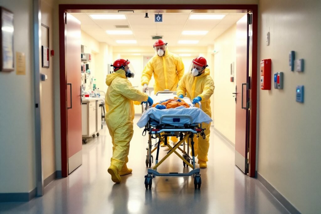 Equipo médico aplicando protocolos de salud pública para atender a personas tras un incidente radiológico.