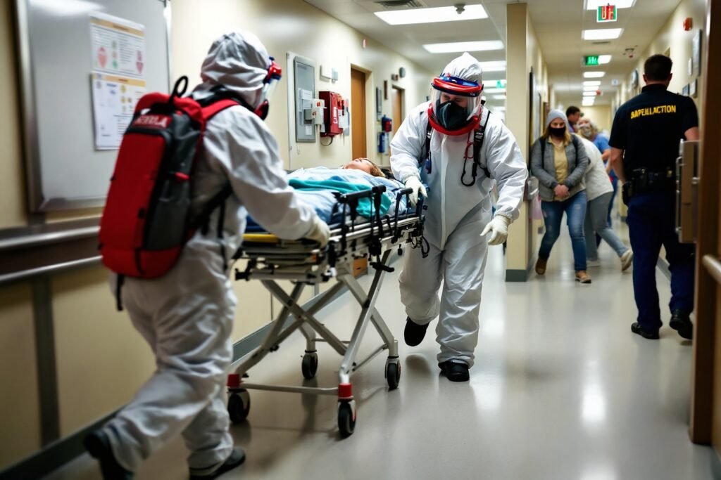 Gráfico que simboliza la coordinación de protocolos de salud pública ante una emergencia radiológica con íconos de seguridad y medicina.