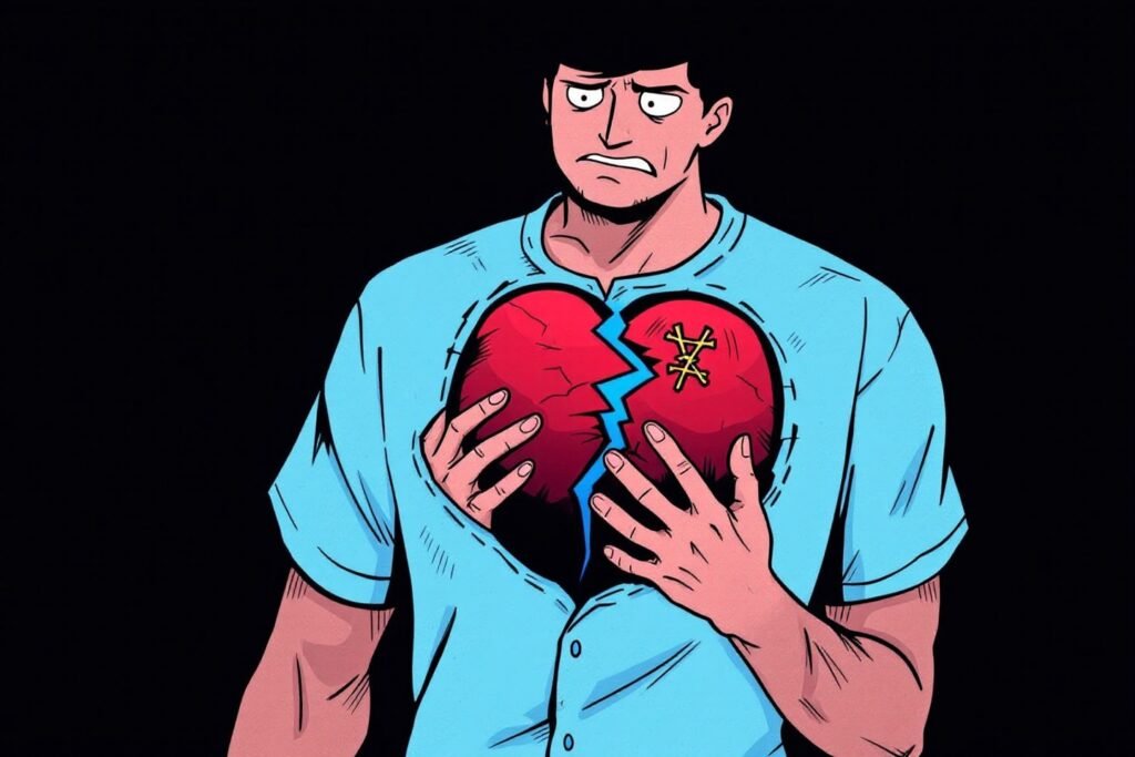 Persona mostrando síntomas como dolor en el pecho o dificultad para respirar, comunes en el síndrome del corazón roto y similares a un infarto.