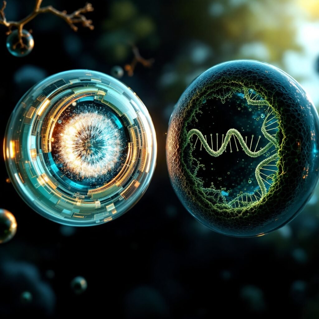 Una ilustración de dos células: una sana con un sistema de reparación del ADN funcional y otra cancerosa con ADN dañado y sin reparar, simbolizando el vínculo entre el fallo de la reparación del ADN y el cáncer