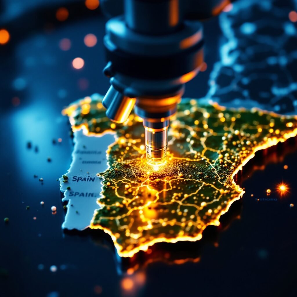 Una representación visual de un mapa de España con un microscopio de laboratorio superpuesto, simbolizando el origen del desarrollo de la vacuna antifúngica española.