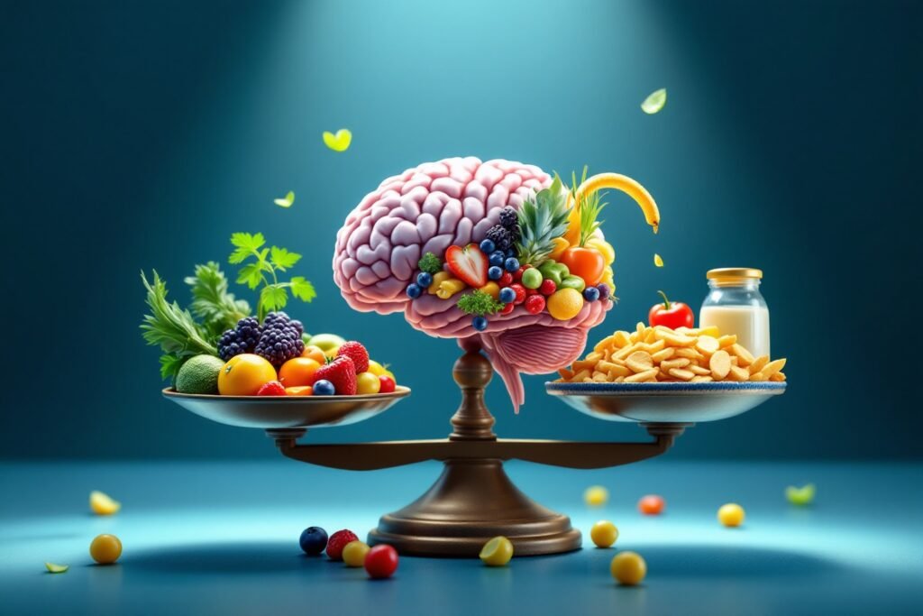 Una ilustración de un cerebro conectado a una balanza y alimentos, simbolizando la relación entre la nutrición, el peso y la salud mental, destacando la conexión entre una dieta baja calorías y síntomas depresivos.