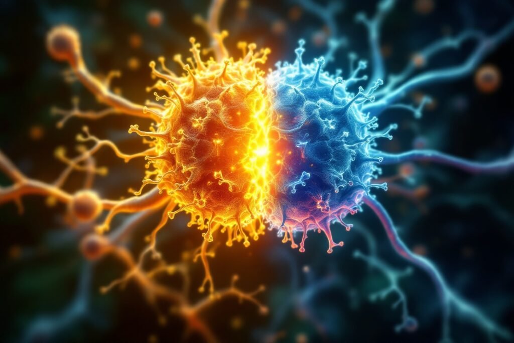 Un gráfico de barras que muestra la mejora en la escala UPDRS en los pacientes que recibieron terapia con células madre para Parkinson, con datos numéricos del estudio.