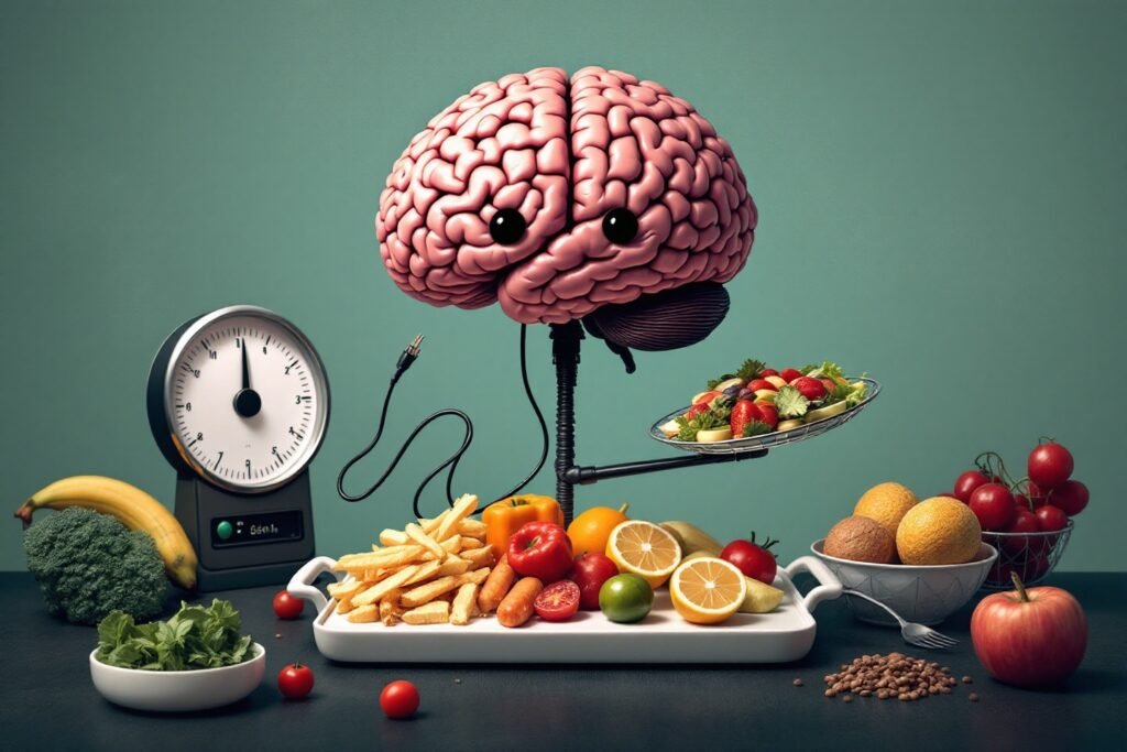 Un hombre pensativo, con el ceño fruncido, rodeado de frutas y verduras, que simboliza la presión y los posibles efectos en la salud mental de una dieta baja calorías y síntomas depresivos.