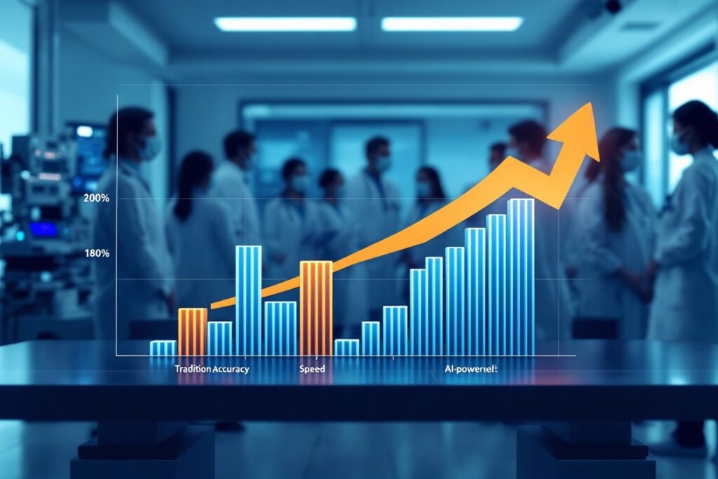 Un gráfico de barras que compara la precisión y velocidad de la prueba de demencia con IA con los métodos de diagnóstico tradicionales.