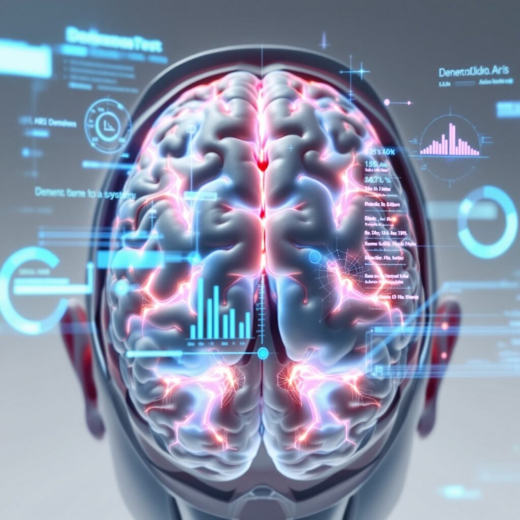 Un escaneo cerebral que muestra patrones de actividad analizados por un sistema de IA, representando la prueba de demencia con IA.